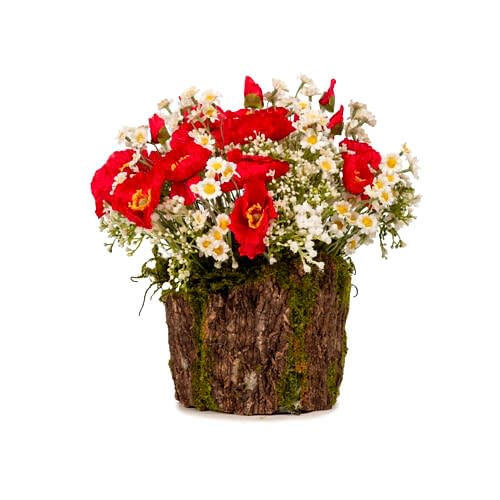 Natural Kütükte Papatya Gelincik Aranjman (30 CM)