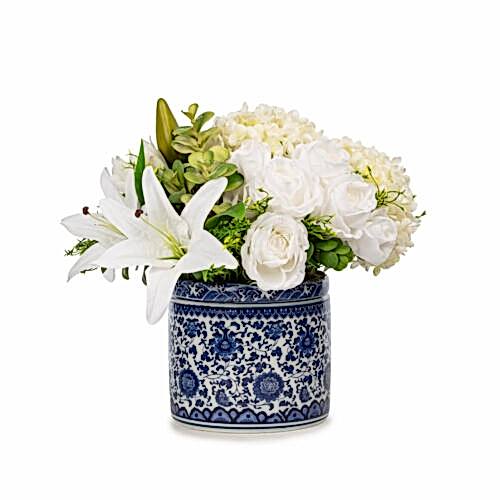 Bleu Blanc Vazo Islak Dokulu Lilyum Karışık Aranjman (40 CM)