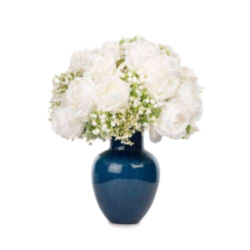 Mavi Cam Vazoda Islak Dokulu Gül Aranjman (40 CM)