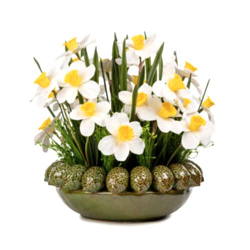 Limon Desenli Seramik Vazoda Islak Dokulu Büyük Nergis Aranjman (40 CM)