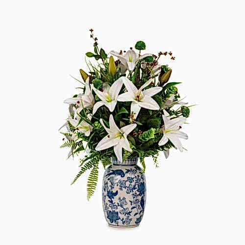 Bleu Blanc Vazoda Islak Dokulu Lilyum Aranjman (75 CM)