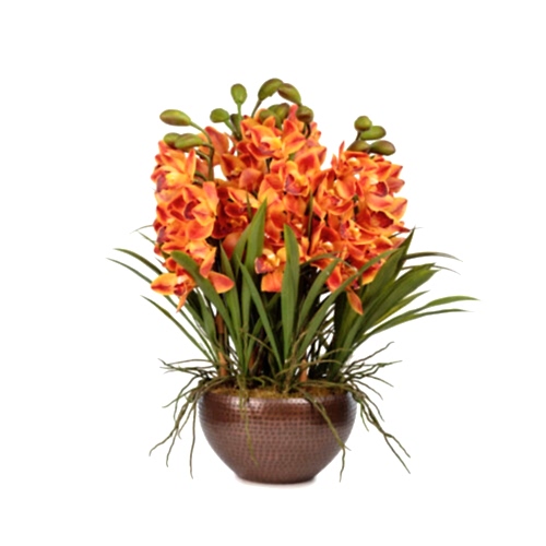 Metal Vazo Islak Dokulu Turuncu Vandal Orkide Aranjman (70 CM)
