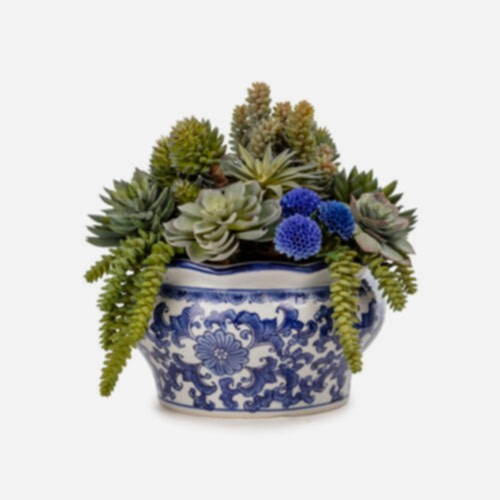 Bleu Blanc Vazo Karışık Sukkulent Aranjman ( 34 CM)